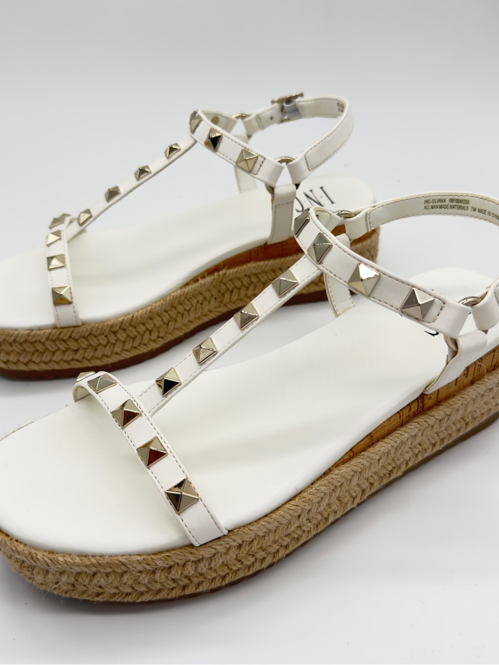 INC International Concepts White Studded T‑Strap Espadrille Wedge Sandals - Picture 2 of 5